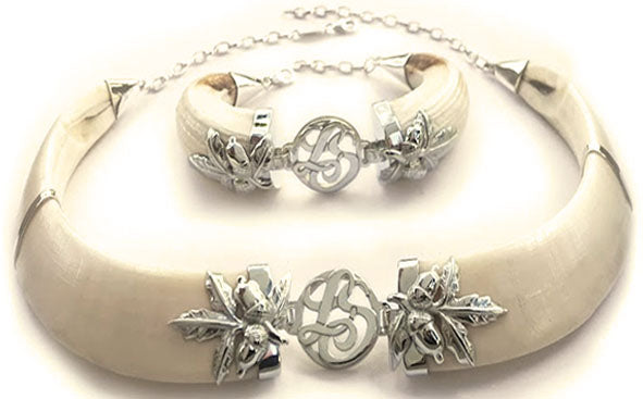 conjunto de collar y pulsera jabalí personalizado con hoja bellotas y plata