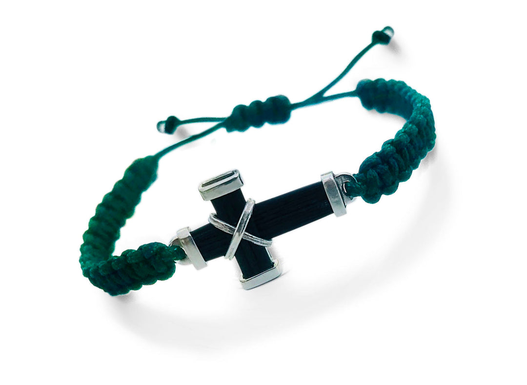 PULSERA CRUZ PELO DE BUFALO CON TRENZA ALGODON CON PLATA