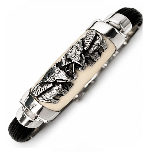 Pulsera Elefante Africanos enfrentados con pelo de bufalo y hueso en plata detalle de los elefantes