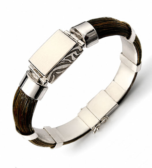 pulsera pelo de faochero africano natural en forma media caña con centro rectangular colmillo natural en plata de ley vista lateral frontal
