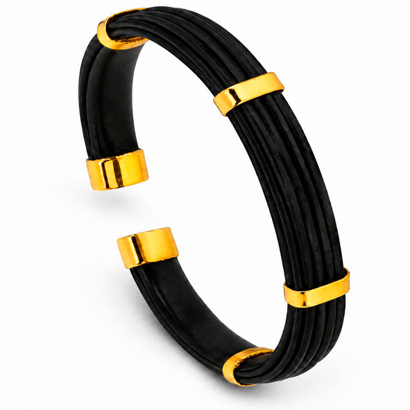 Pulsera almendrada plana de pelo de búfalo africano en oro amarillo 18 kilates y plata sobre fondo blanco | Joyas de Caza