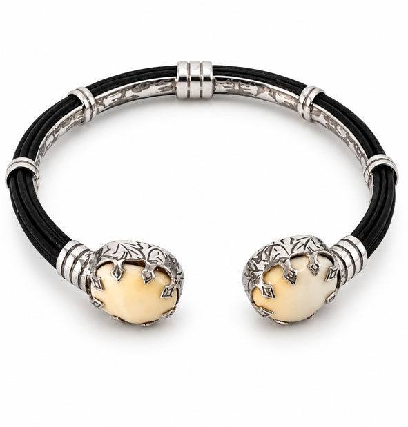 Pulsera Enfrentadas de Perla de Venado con Plata de Ley y Pelo de Búfalo vista detalle engaste perlas