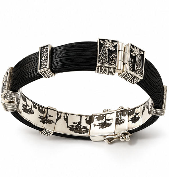 Pulsera recta de pelo de jirafa con cabezas enfrentadas en plata 925, 12 mm vista lateral