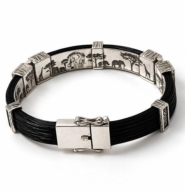 Pulsera recta de pelo de jirafa con cabezas enfrentadas en plata 925, 12 mm vista del cierre