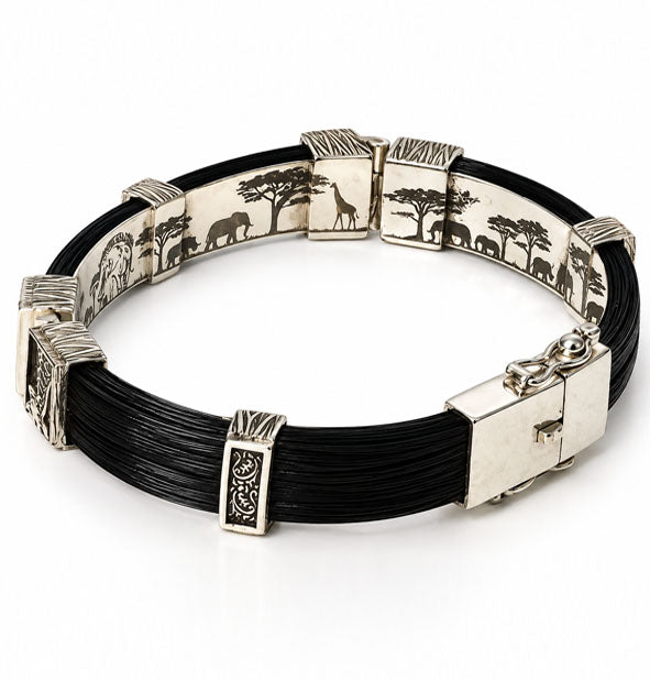 Pulsera recta de pelo de jirafa con cabezas enfrentadas en plata 925, 12 mm vista grabados interiores