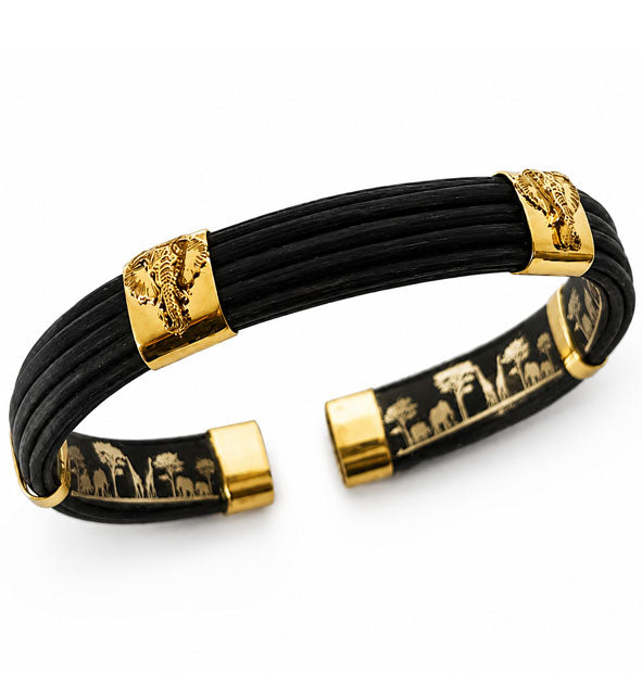 Pulsera Plana de Pelo de Búfalo con 2 Cabezas de Elefante en Oro Amarillo 18 Kilates
