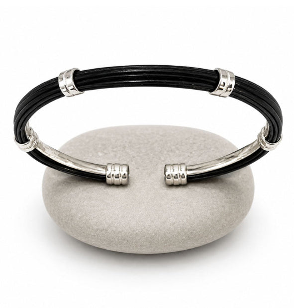 Pulsera Pelo Búfalo Tubo Redondo 5mm Asas Dobles con Plata de Ley