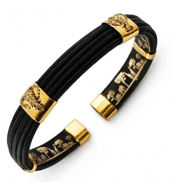 Pulsera Plana de Pelo de Búfalo con 2 Cabezas de Elefante en Oro Amarillo 18 Kilates