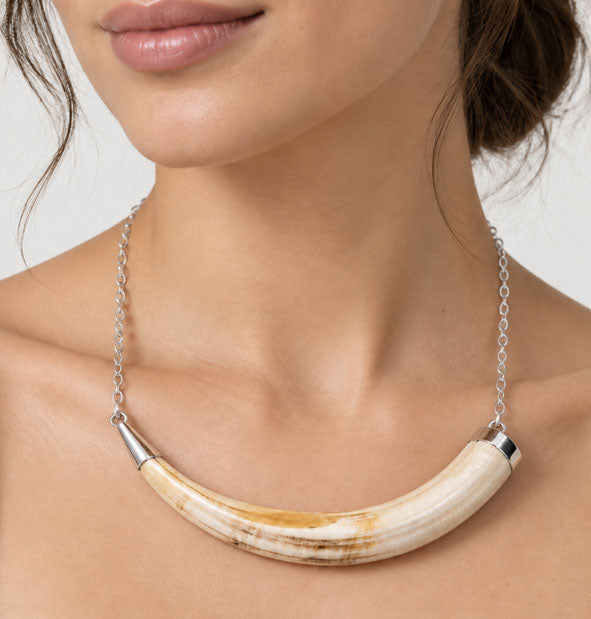 Collar Colmillo Facochero Sencillo Plata 925  15 cm 45 cm Cadena  Joyas de Caza detalle en el cuello de la mujer