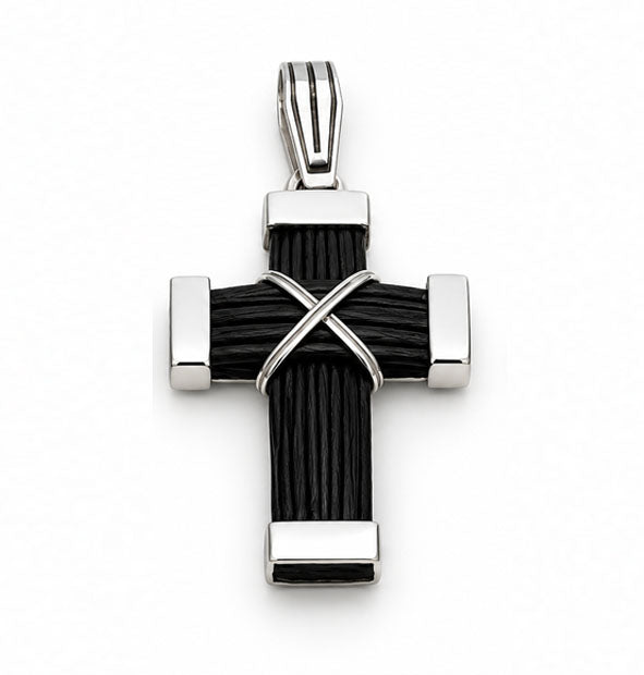 Collar Cruz Mediana con Nudo Africano en Pelo de Búfalo y Plata
