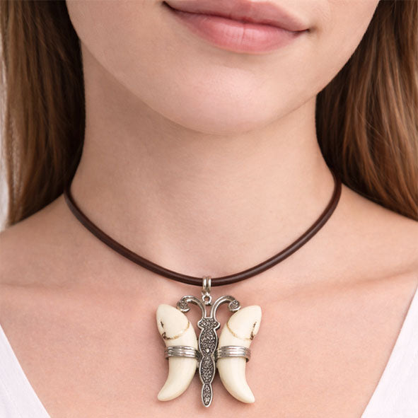 Long Necklace Boar Tusks Butterfly with 925 Silver | Handmade Jewel