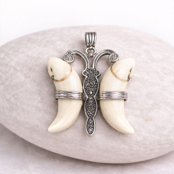 Long Necklace Boar Tusks Butterfly with 925 Silver | Handmade Jewel