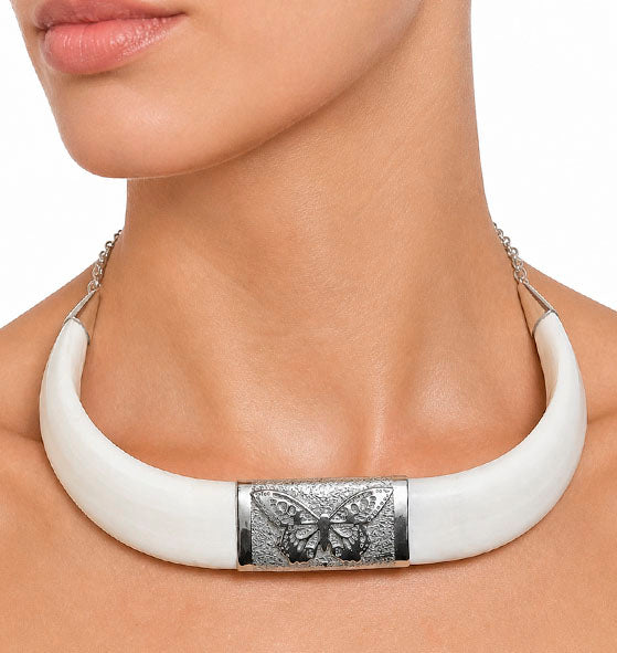 wild boar tusk and silver butterfly necklace