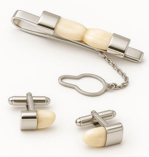 Conjunto alfiler de corbata y gemelos con perla de venado modelo liso en plata 925 | Joyas de Caza