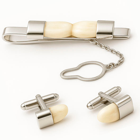 Conjunto alfiler de corbata y gemelos con perla de venado modelo liso en plata de ley para caballero