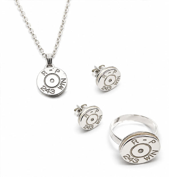 Conjunto Collar Pendientes y Sortija Culata de Bala en Plata 925 | Joyas de Caza