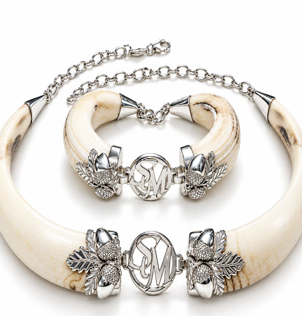 Conjunto Collar y Pulsera de Jabalí con Hojas de Bellota en Plata 925 Personalizado letras SM