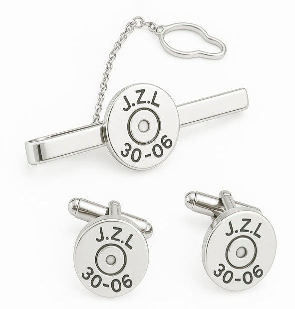 Conjunto gemelos y alfiler de corbata con culata de bala personalizado en plata 925 | Joyas de Caza
