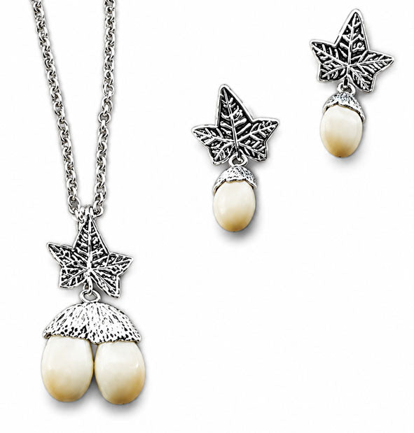 Conjunto Collar y Pendientes Hoja con Perla de Venado en Plata | Joyas de Caza