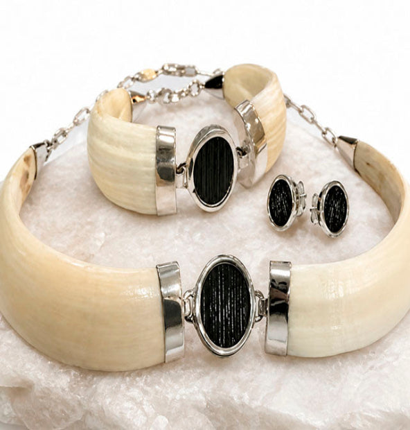Conjunto completo jabalí con pelo de búfalo africano y plata de ley 925: collar, pulsera y pendientes – Joyas de Caza