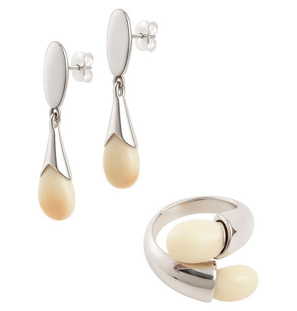 Conjunto pendiente largo y sortija perla de venado en plata 925 – Joyas de Caza