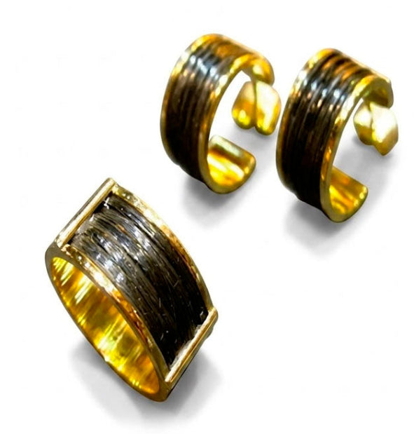Conjunto Pendientes y Sortija Pelo de Búfalo en Oro Amarillo 18k | Joyas de Caza