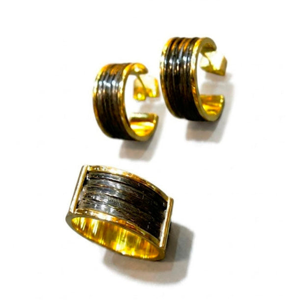 Conjunto Pendientes y Sortija Pelo de Búfalo en Oro Amarillo 18k | Joyas de Caza vista detalle pelo