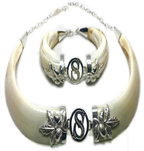 conjunto de collar y pulsera jabalí personalizado con hoja bellotas y plata