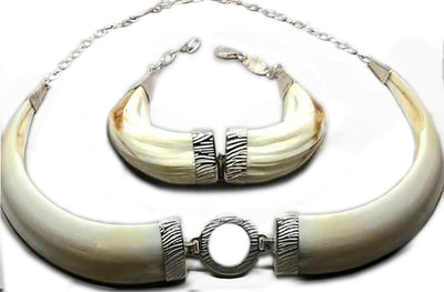 conjunto de collar y pulsera jabalí tallado africa en plata
