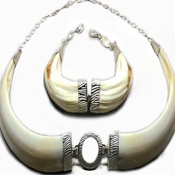 conjunto de collar y pulsera jabalí tallado africa en plata