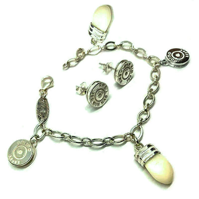 conjunto pulsera culata bala y perla venado con pendientes en plata