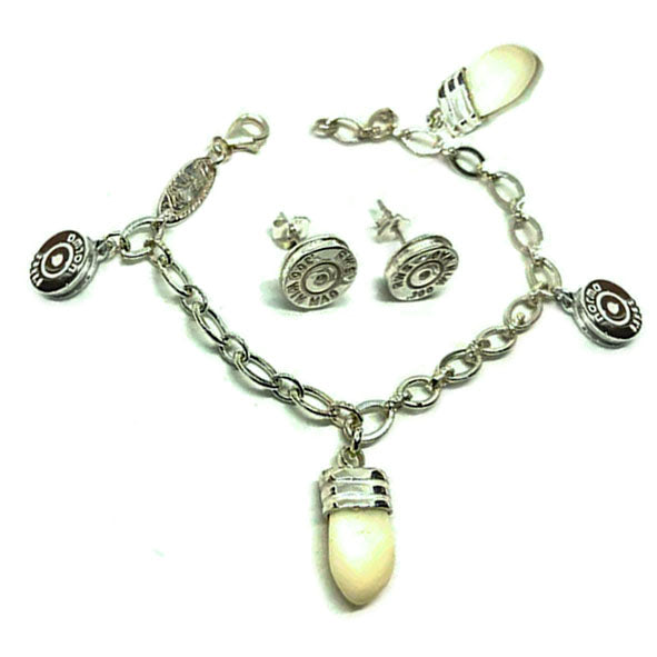 conjunto pulsera culata bala y perla venado con pendientes en plata