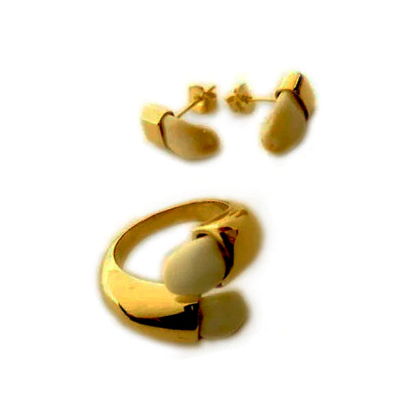 conjunto sortija y pendientes perla venado lisos en oro 18 kilates