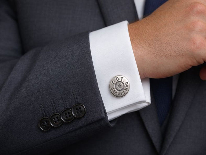 Gemelos casquillo bala en plata 925 con cierre Omega y grabado personalizado Joyas de Caza