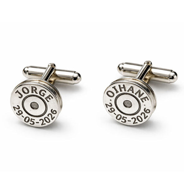 Gemelos artesanales en plata de ley con forma de culote de bala grabado con letras personalizadas