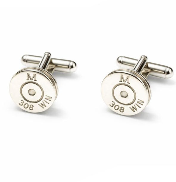 Gemelos redondos de plata con grabado de calibre e iniciales estilo casquillo de bala