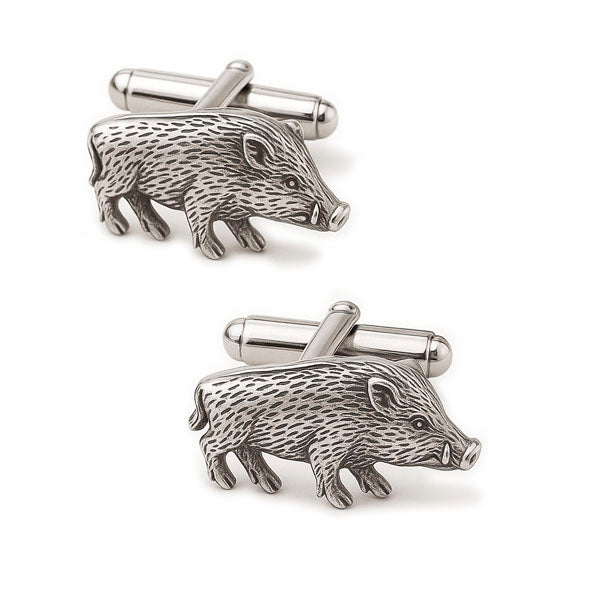 Par de gemelos jabalí artesanales en plata 925, dimensiones 26x15 mm | Joyas de Caza
