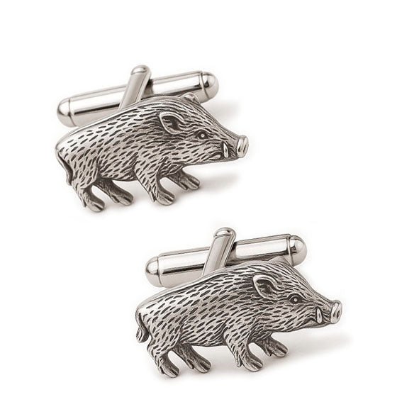 Gemelos jabalí en plata 925 sobre estuche exclusivo de Joyas de Caza | Joyas de Caza
