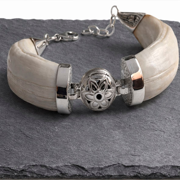 Boar Tusk Bracelet with Sterling Silver Thread Ball