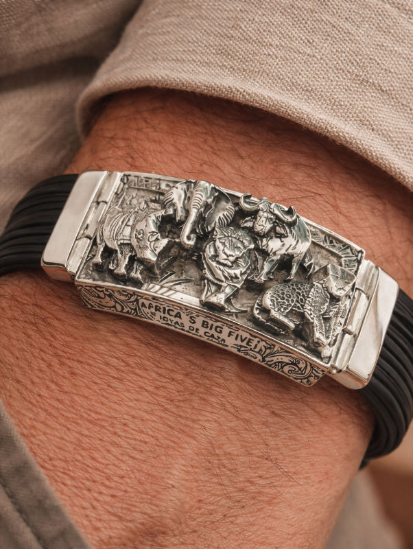 pulsera-ancha-big-five-africa-en-pelo-de-bufalo-y-plata-9