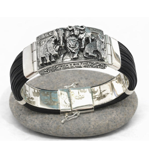 pulsera-ancha-big-five-africa-en-pelo-de-bufalo-y-plata