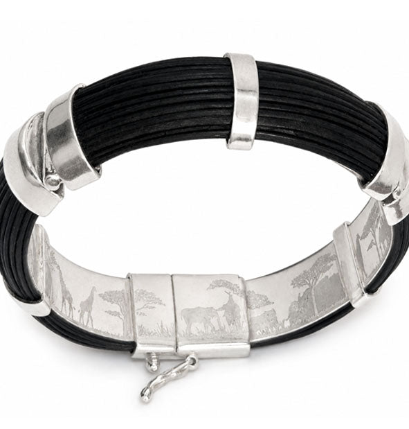 Pulsera Pelo Búfalo Ancha Media Caña 14mm con Plata en la vista frontal