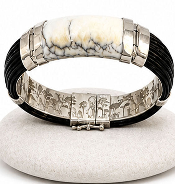 wide half-round buffalo hair bracelet with sterling silver tusk