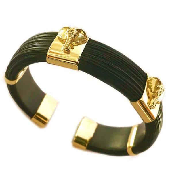 pulsera ancha plana pelo bufalo con cabezas de elefantes en oro