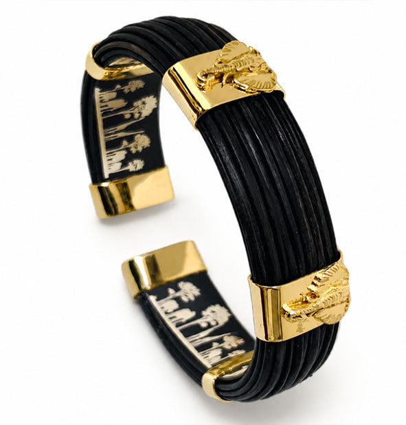 Pulsera Ancha Plana de Pelo de Búfalo con 2 Cabezas de Elefante en Oro Amarillo 18 Kilates