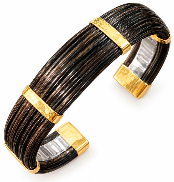 Pulsera Ancha Plana de Pelo de Búfalo con Oro 18 Kilates y Plata de Ley