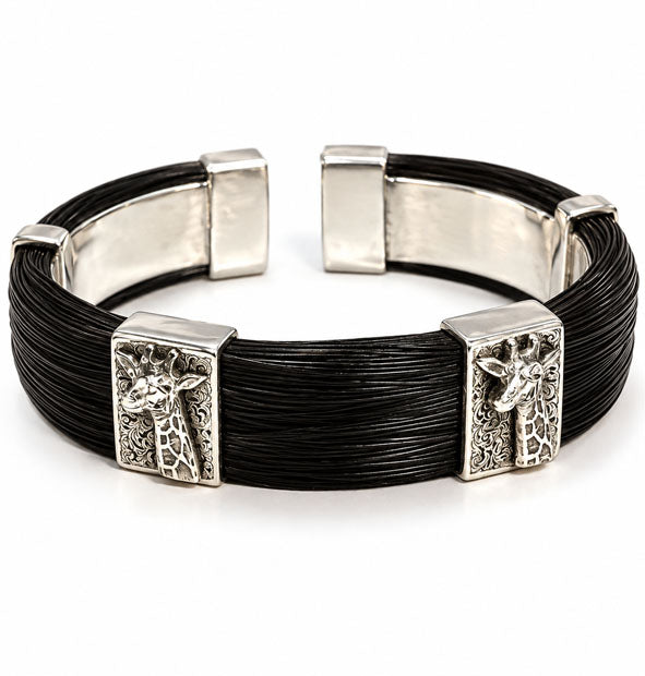 Wide straight giraffe head bracelet with giraffe hair and sterling silver