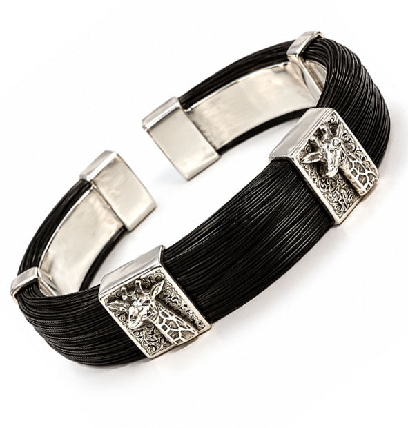 Wide straight giraffe head bracelet with giraffe hair and sterling silver