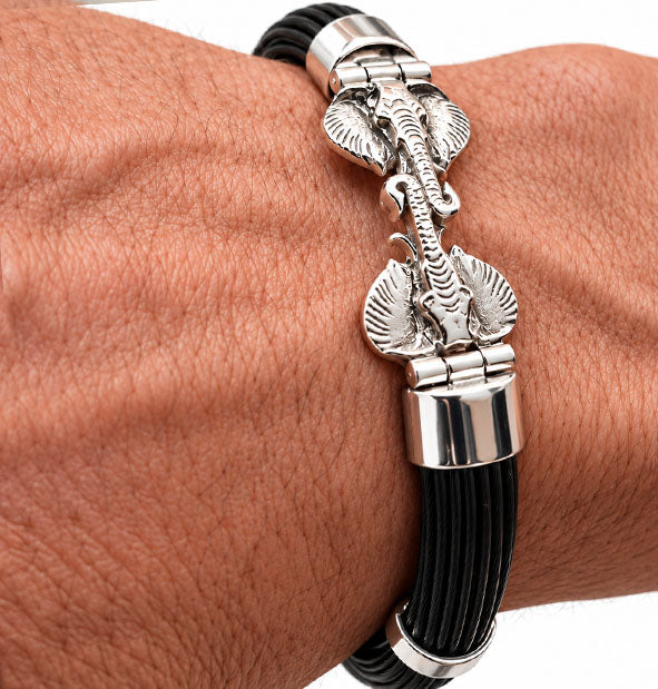 Pulsera Carril Doble Cabeza de Elefante Pelo de Búfalo y Plata 925 | 10 mm | Joyas de Caza