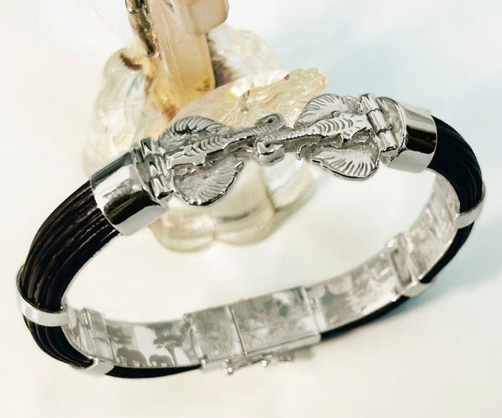 Centro pulsera carril con doble cabeza de elefante diseño artesanal en plata